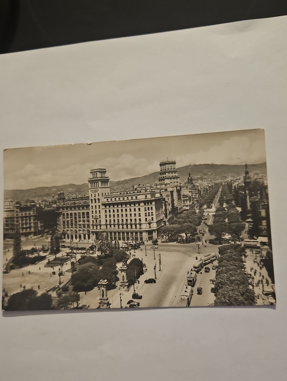 Vintage Black & White Photo Postcard, Plaza de Cataluna, Barcelona 1950's.
